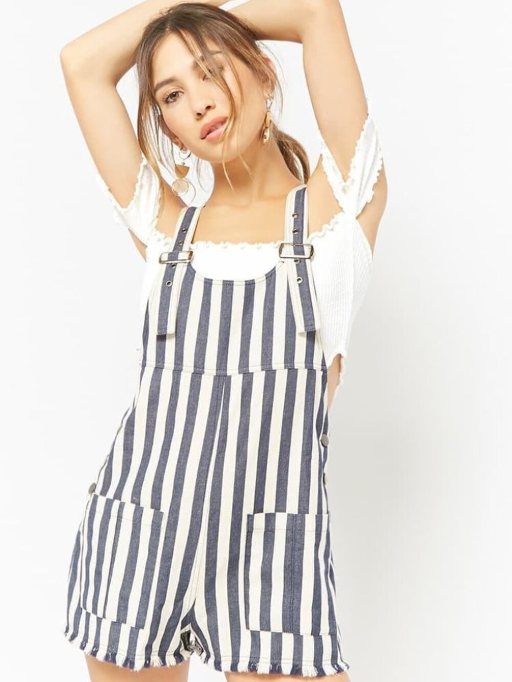 Forever 21 Navy White Striped Frayed Overall Shorts Medium M